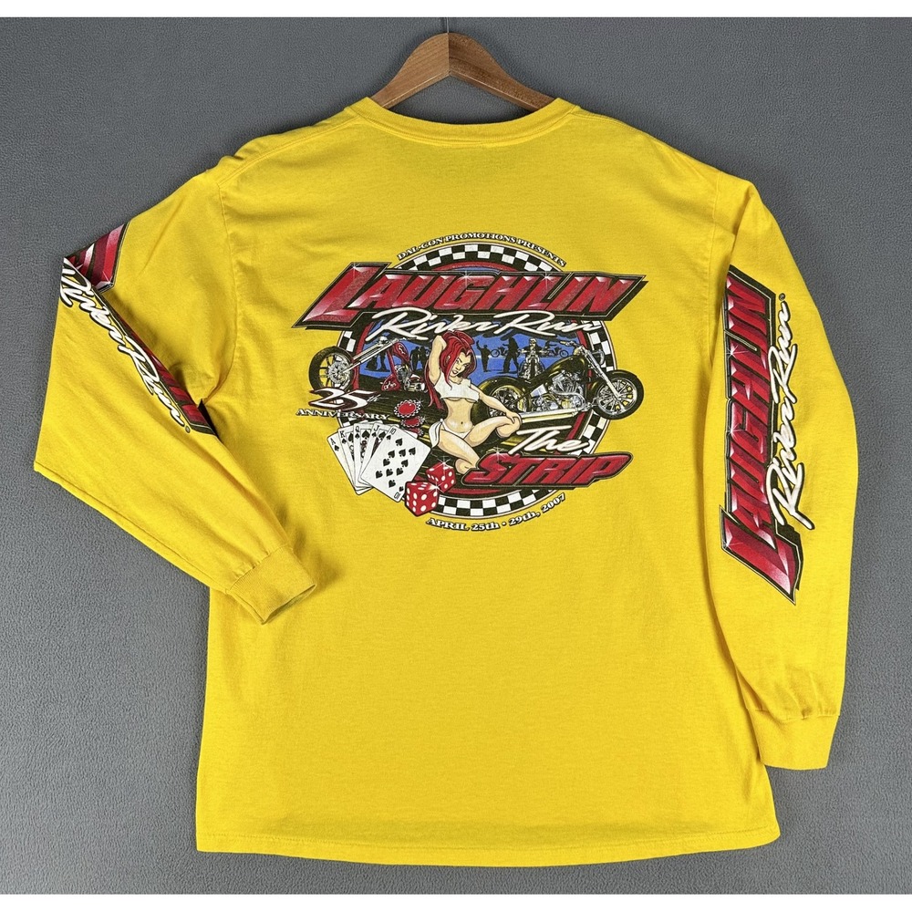 Laughlin River Run Shirt Large Yellow Pin Up Girl Biker Sleeve Hit Vintage‎